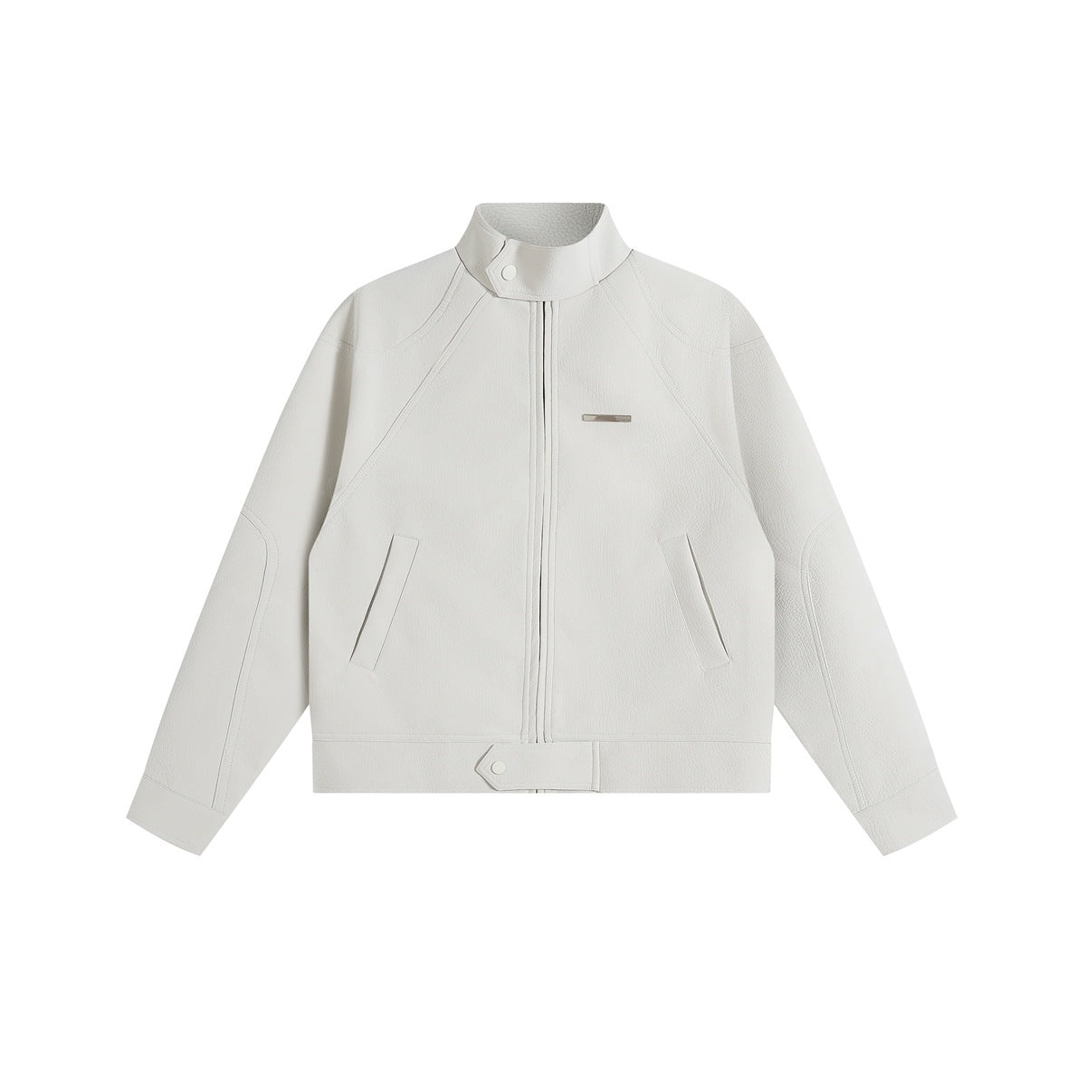 Off-white stand-collar zip jacket with raglan sleeves, slanted pockets and a snap waist tab, flat front view