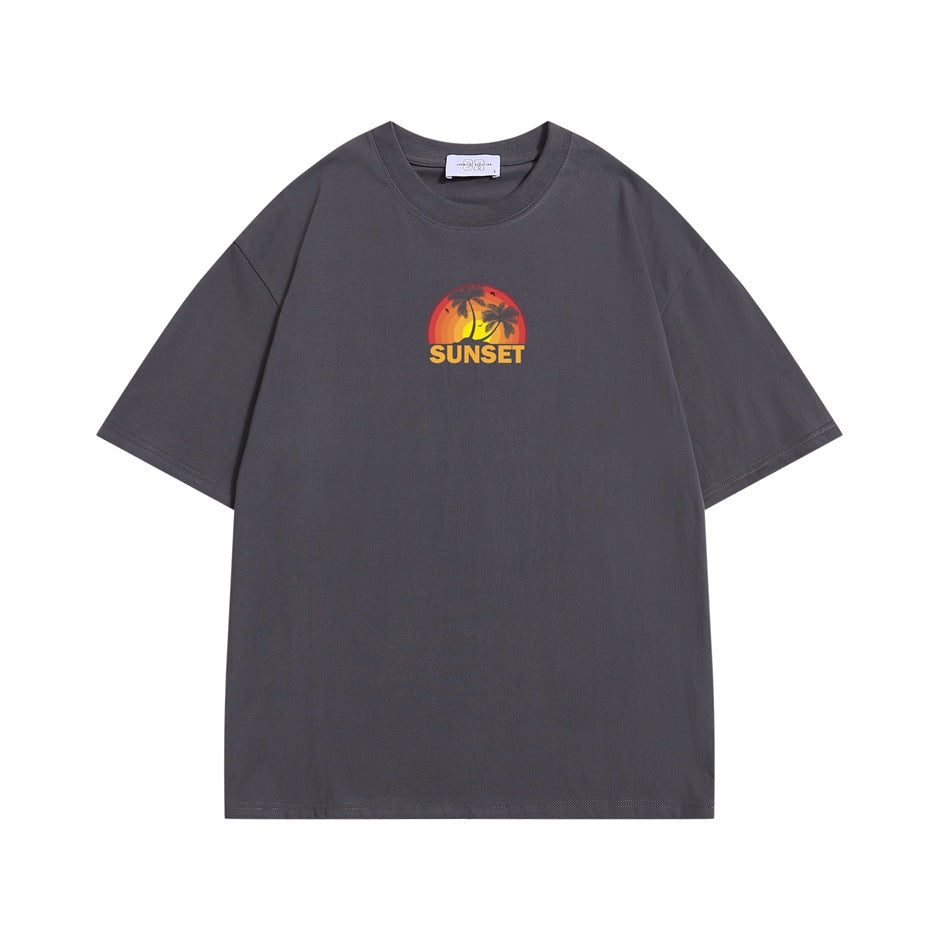 Gray short-sleeve crew neck t-shirt front with small SUNSET palm tree sunset print on chest