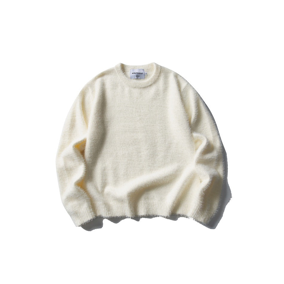 Ivory white fuzzy knit crew-neck sweater, flat lay front view