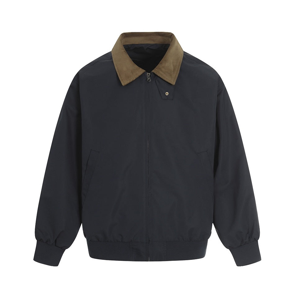 Navy zip-front jacket with brown corduroy-style collar, ribbed cuffs and hem, flat front view