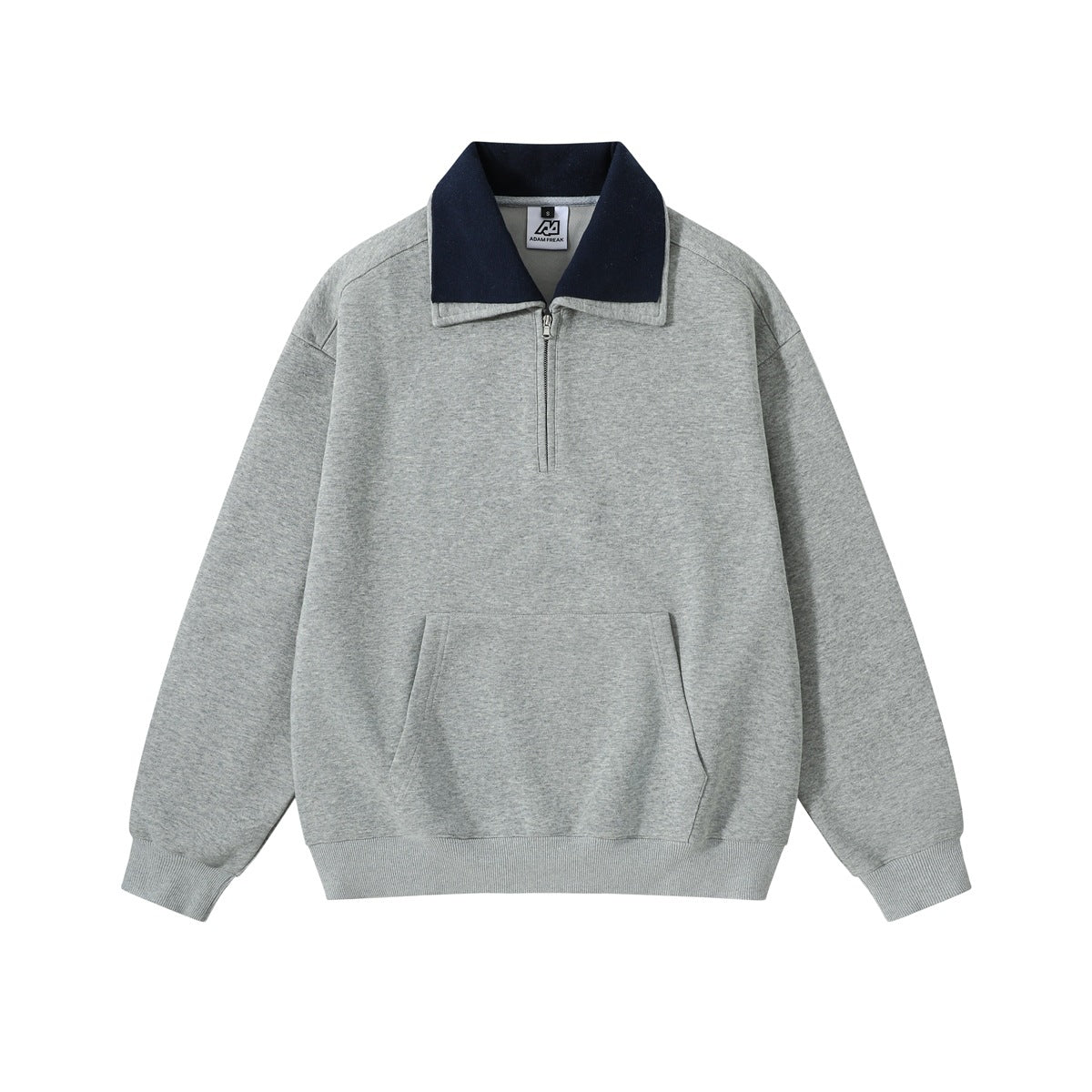 Heather gray quarter-zip sweatshirt with navy collar and front pouch pocket, flat front view