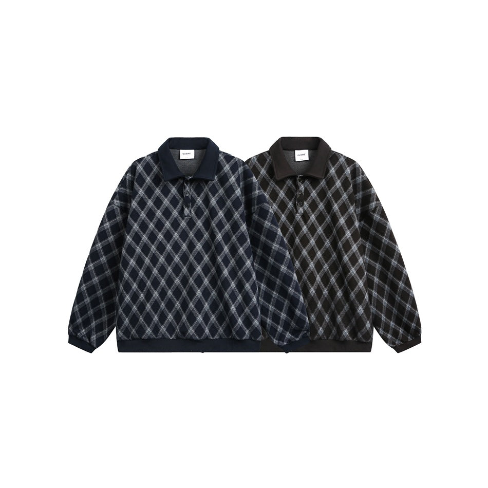 Two collared diamond-check pullovers displayed side by side, one navy and gray and one dark brown and gray.