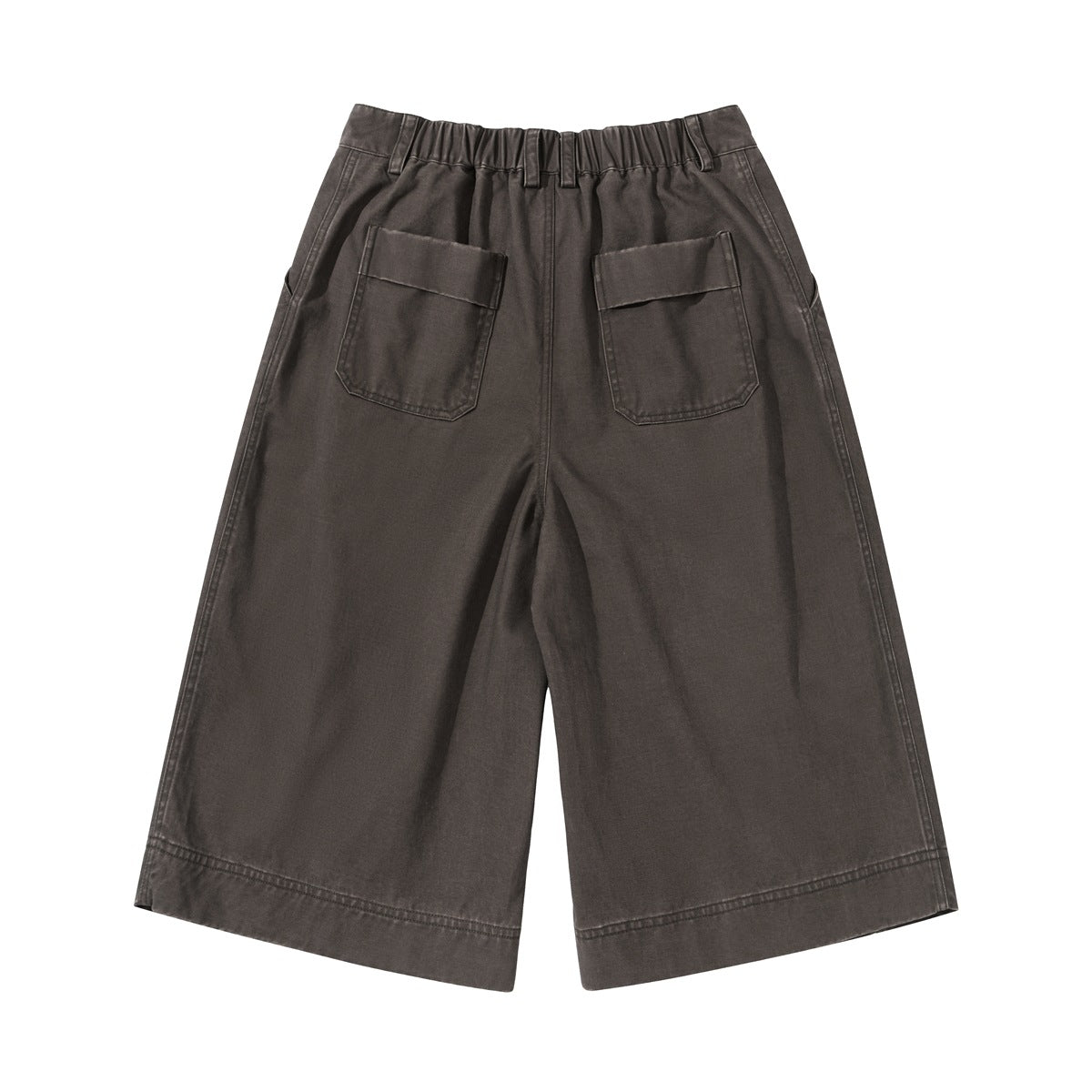Back view of coffee brown wide-leg knee-length shorts with elastic waistband and two flap back patch pockets