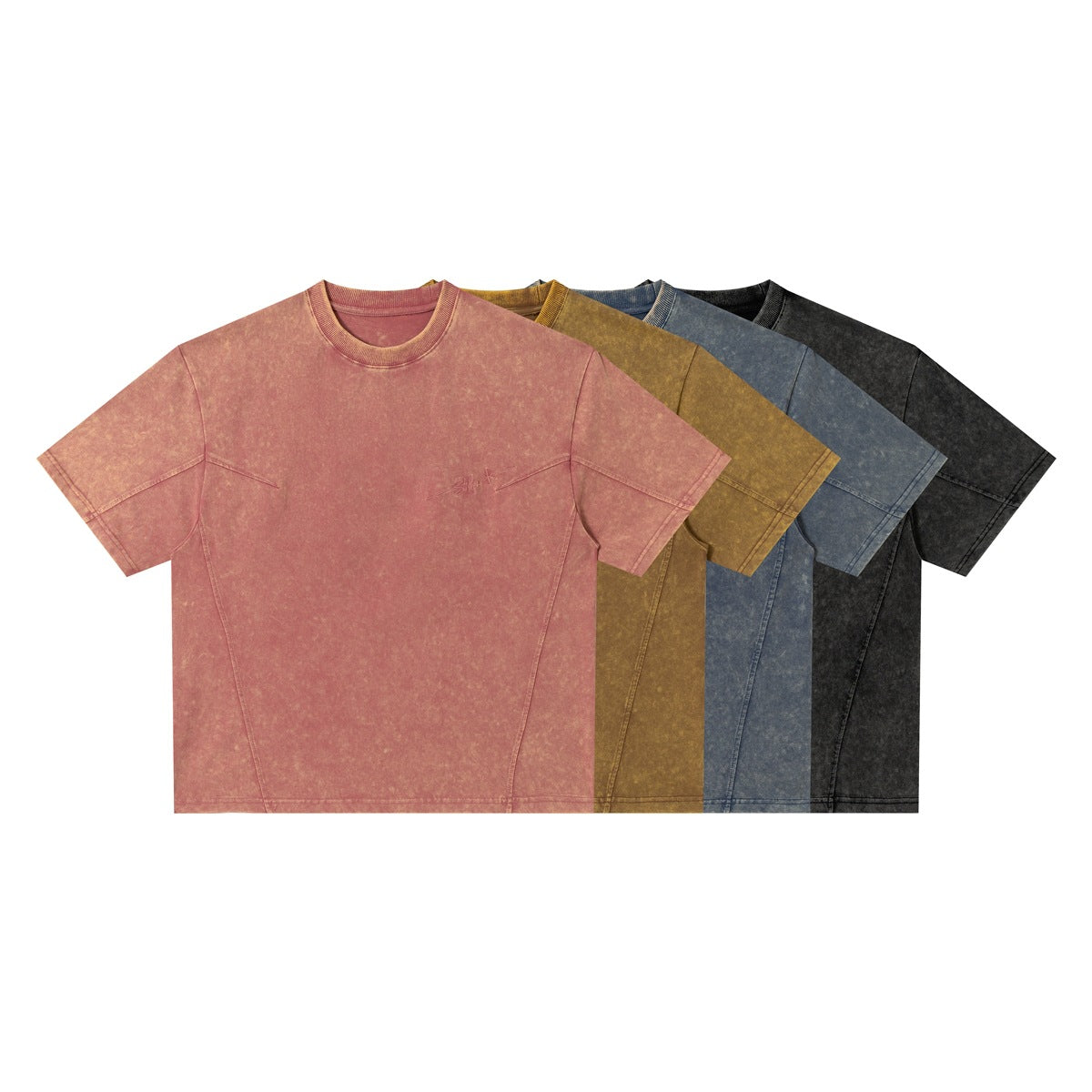 Four short-sleeve crew-neck T-shirts shown from the front in dusty rose, mustard, blue-gray, and black acid-wash colors.