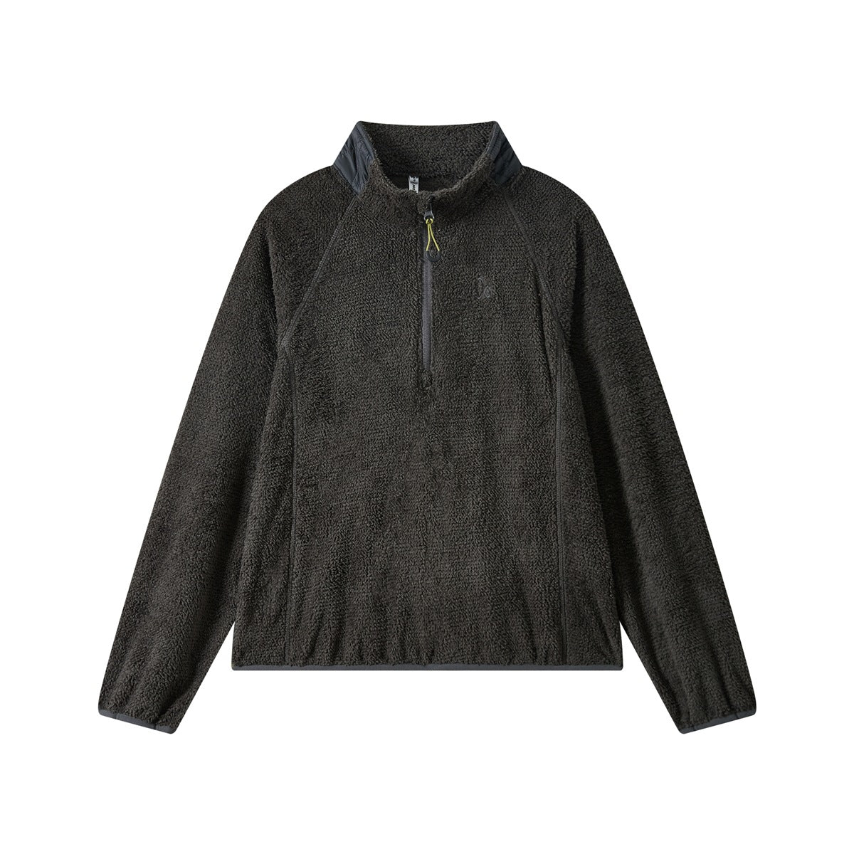 Dark gray fleece-like half-zip stand-collar pullover jacket flat lay with contrast collar panel and trim