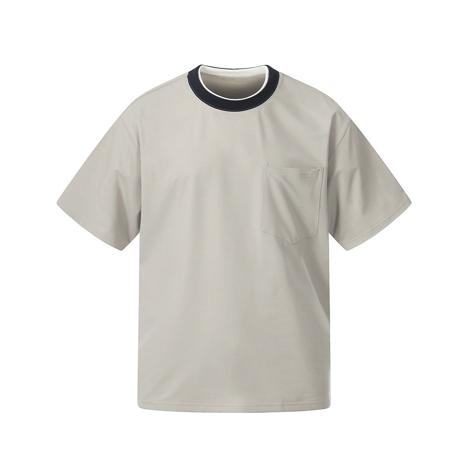 Light gray short-sleeve crew-neck T-shirt with navy collar, white inner trim and chest pocket, front flat view
