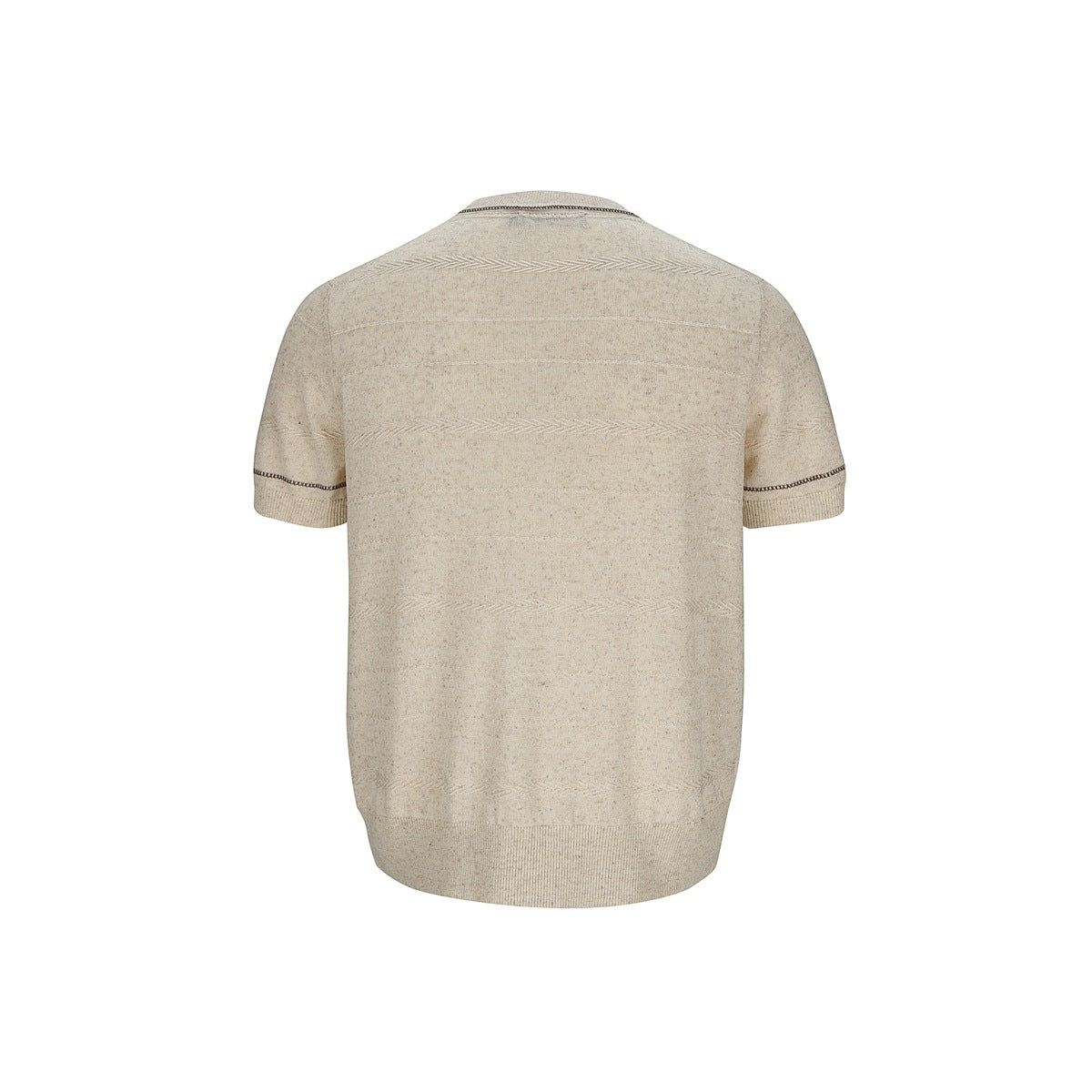 Back view of a beige short-sleeve knit crewneck shirt with horizontal textured bands and dark sleeve trim.