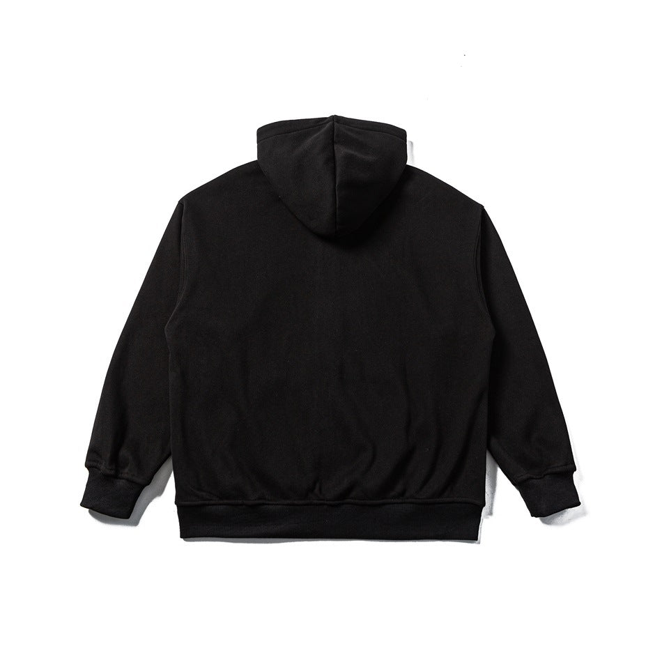 Back view of a black hoodie with a hood, long sleeves, and ribbed cuffs and hem.