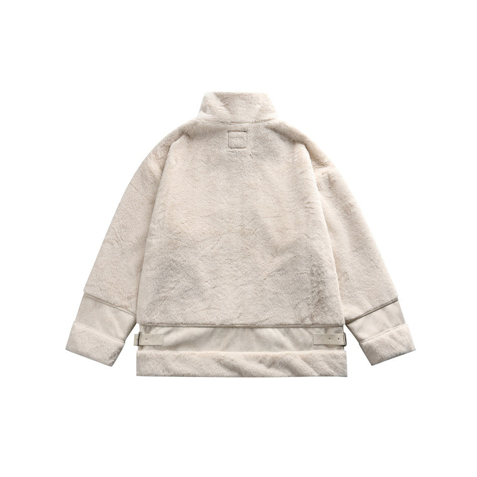 Back view of an ivory faux-fur jacket with a stand collar, long sleeves and adjustable hem straps.