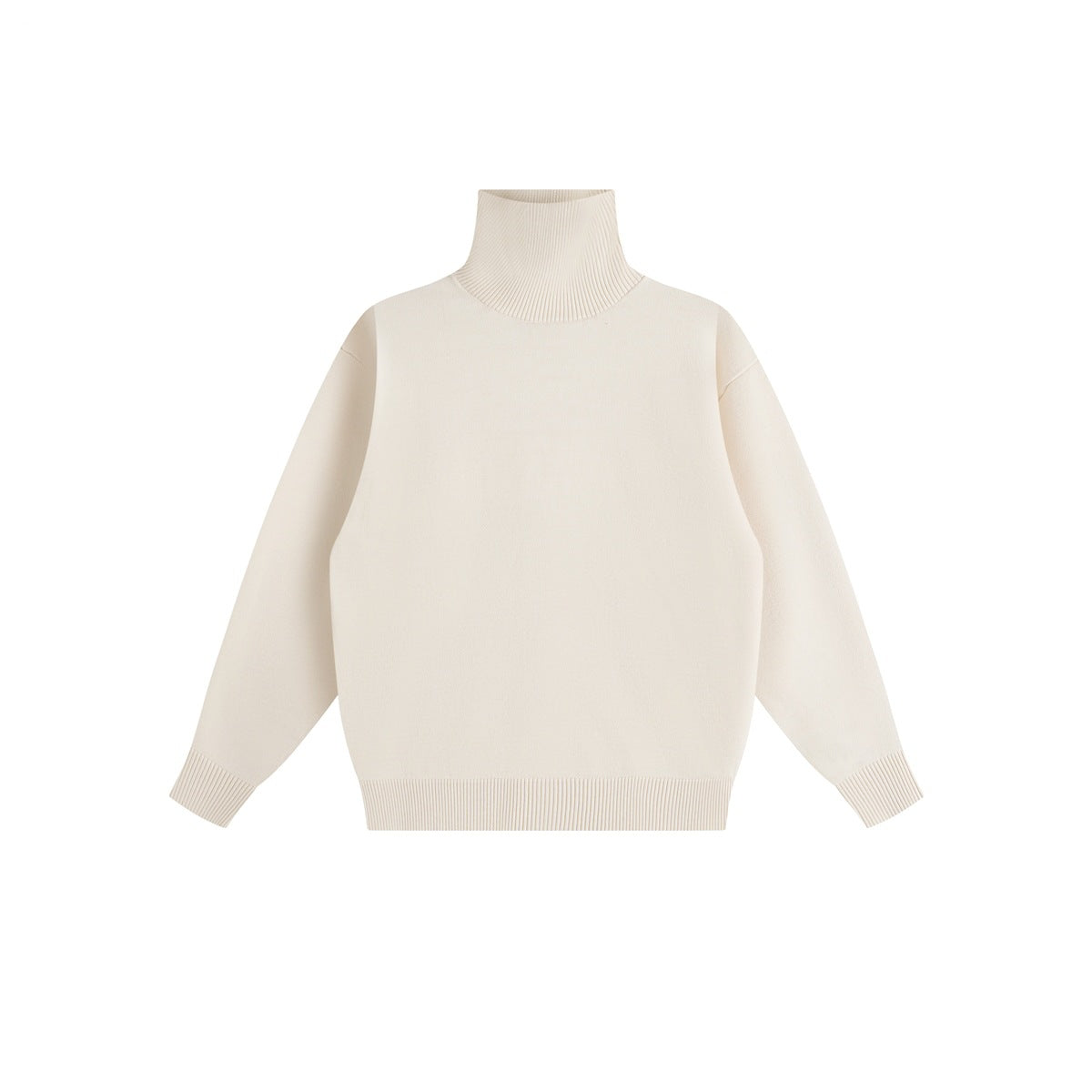 Beige ribbed-trim turtleneck sweater with long sleeves, shown flat on a white background