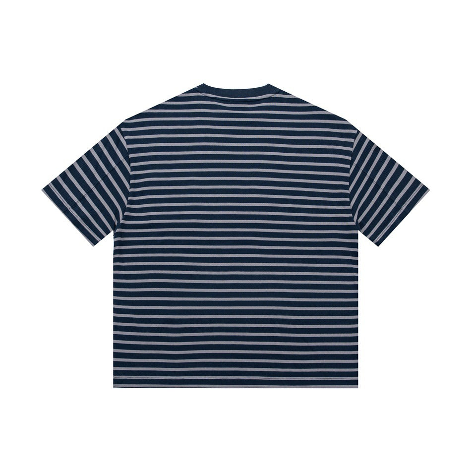 Back view of a navy short-sleeve crew-neck T-shirt with thin gray horizontal stripes.