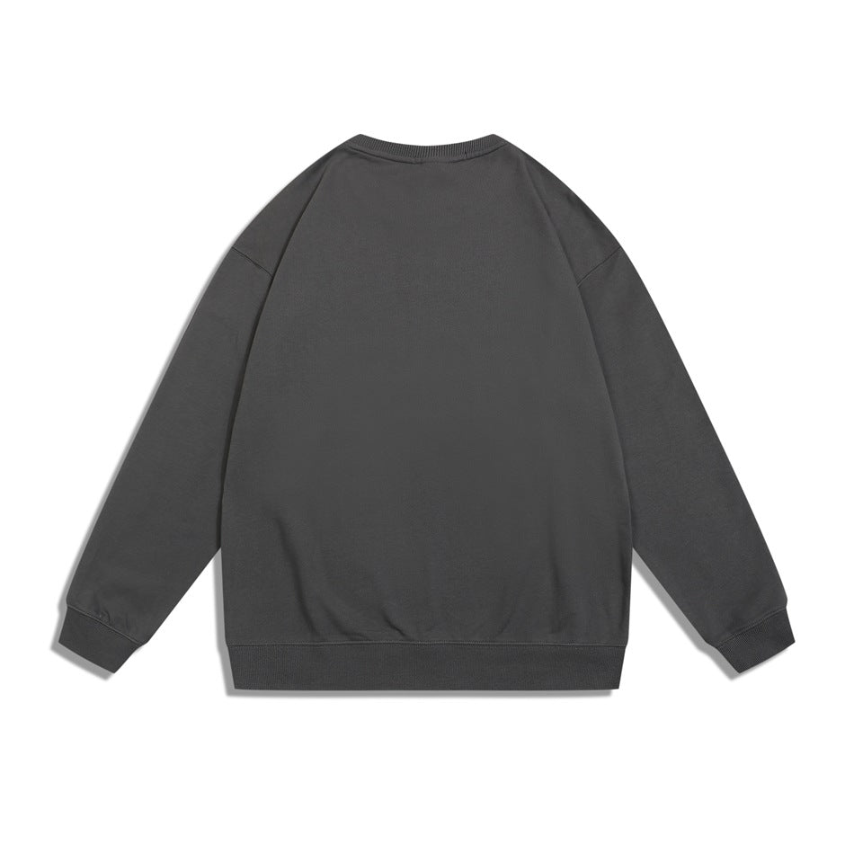 Back view of a plain charcoal gray crewneck sweatshirt with long sleeves and ribbed trim.