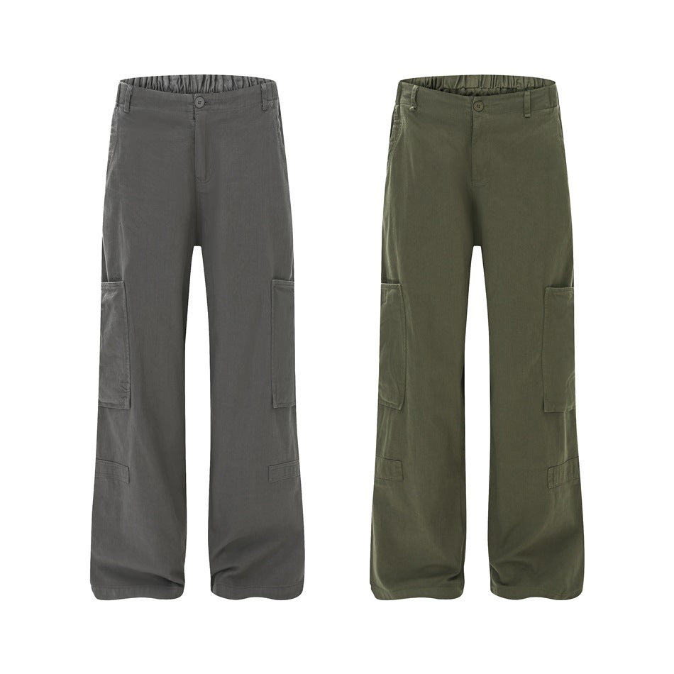 Front view of wide-leg cargo pants in charcoal gray and olive, shown side by side.