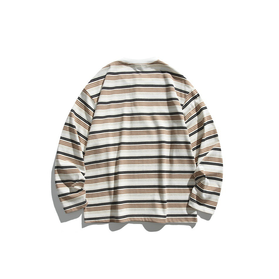 Back view of an ivory long-sleeve shirt with horizontal tan and black stripes.