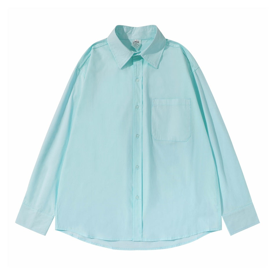 Light blue long-sleeve button-up shirt with chest pocket, flat lay front view