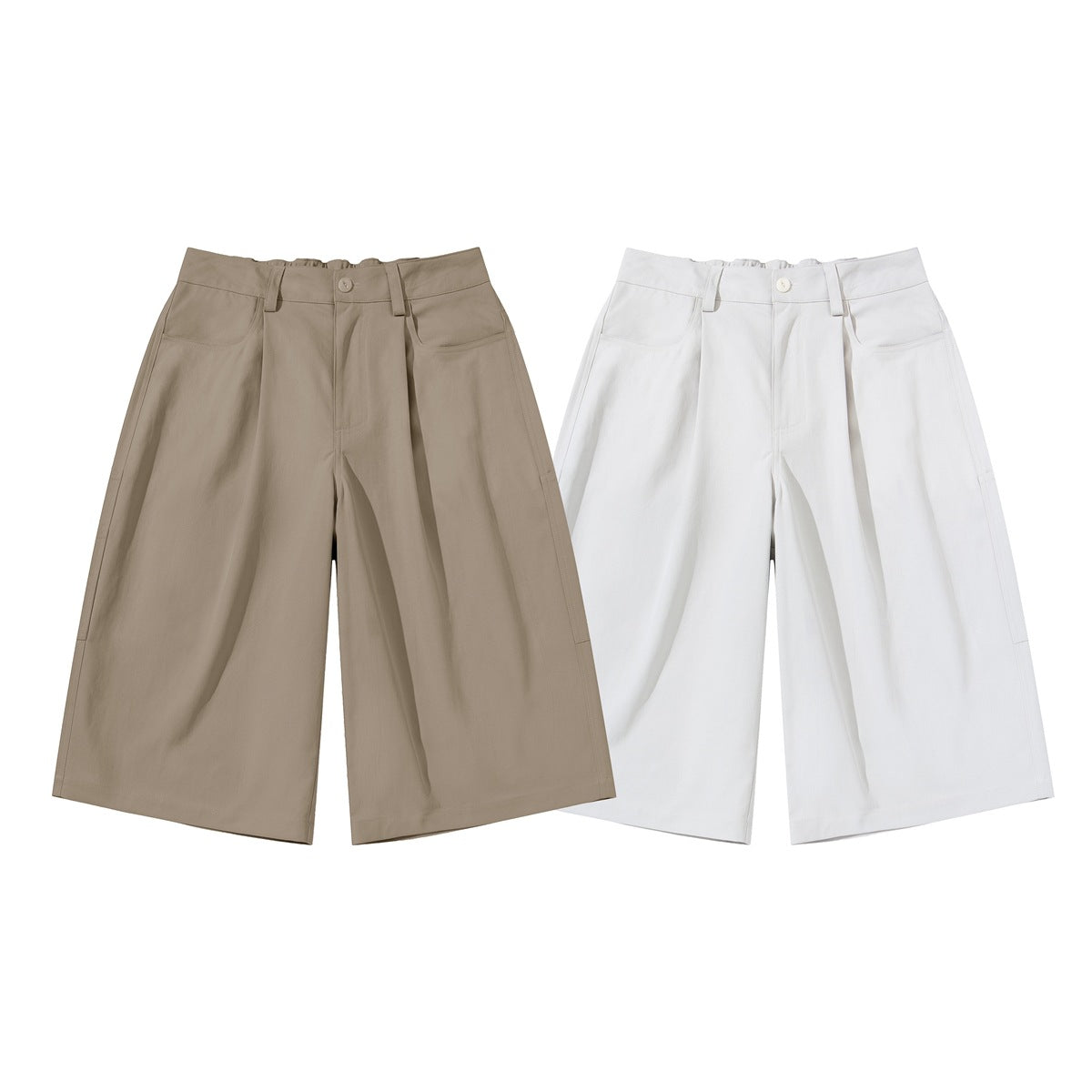 Front views of wide-leg cropped trousers in taupe and ivory, with pleats, belt loops and side pockets.