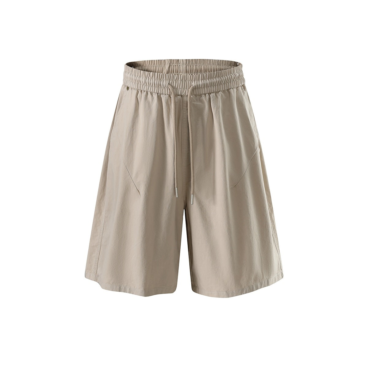 Off-white beige wide-leg shorts with drawstring waistband and diagonal front seams, front view