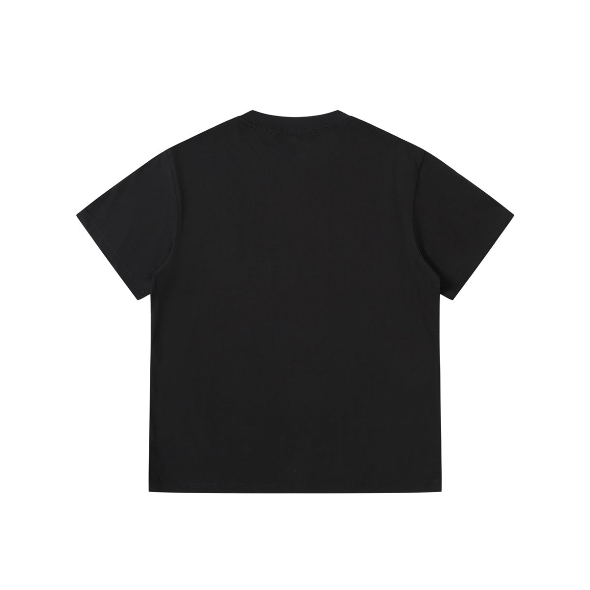 Back view of a plain black short-sleeve crew-neck T-shirt with no print