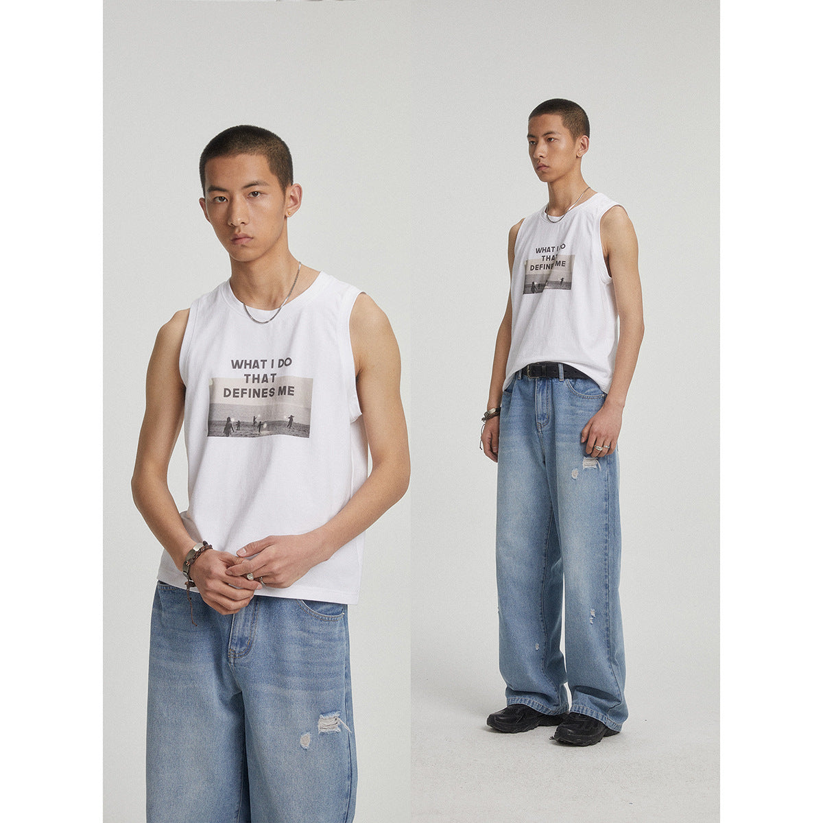 Two views of a model wearing a white graphic sleeveless shirt and loose distressed blue jeans.