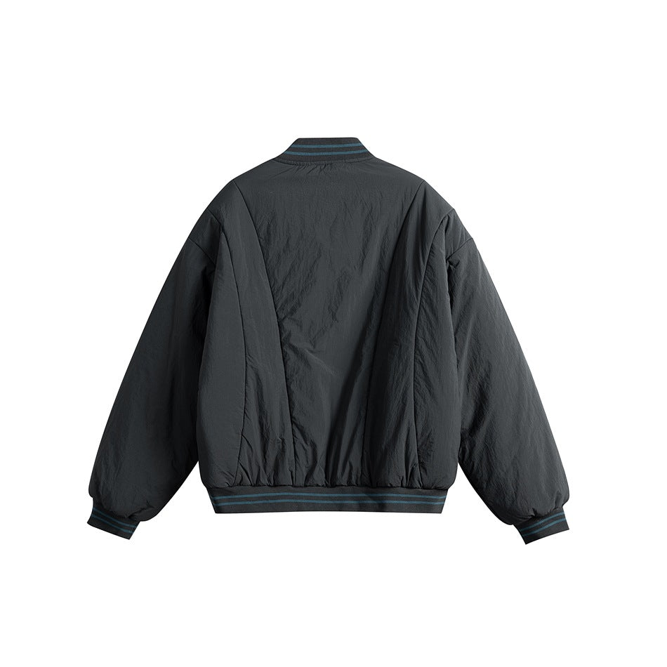 Back view of dark gray bomber jacket with curved paneled seams and teal-striped ribbed collar, cuffs and hem