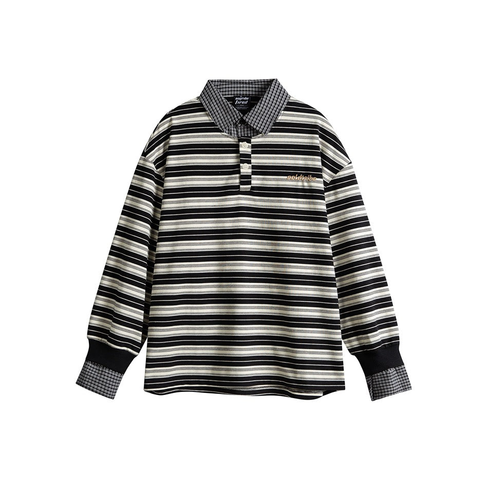 Black and cream striped long-sleeve polo with black and white plaid collar and cuffs, flat front view