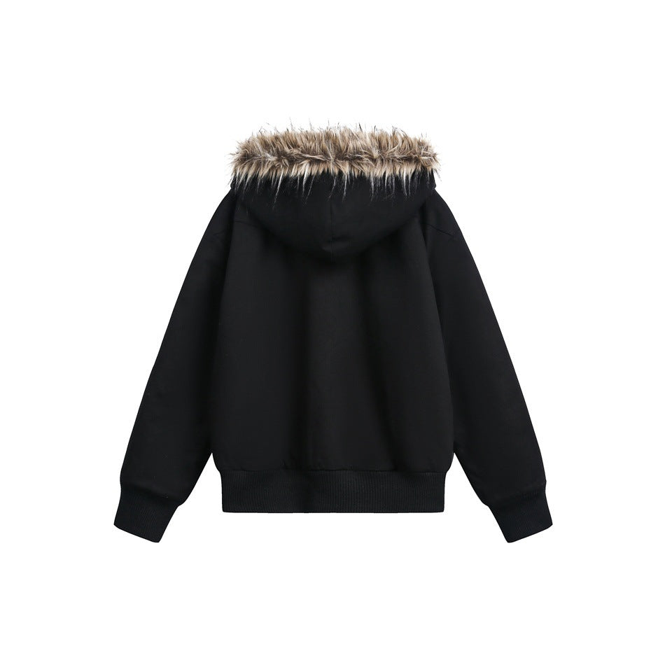 Back view of a black hooded jacket with brown fur trim and ribbed cuffs and hem.