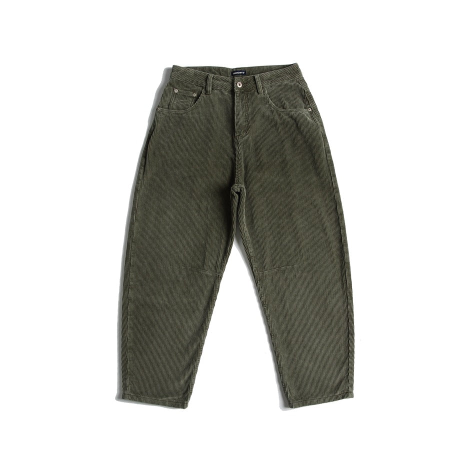 Army green wide-rib corduroy pants laid flat, front view, with belt loops, front pockets and knee seams