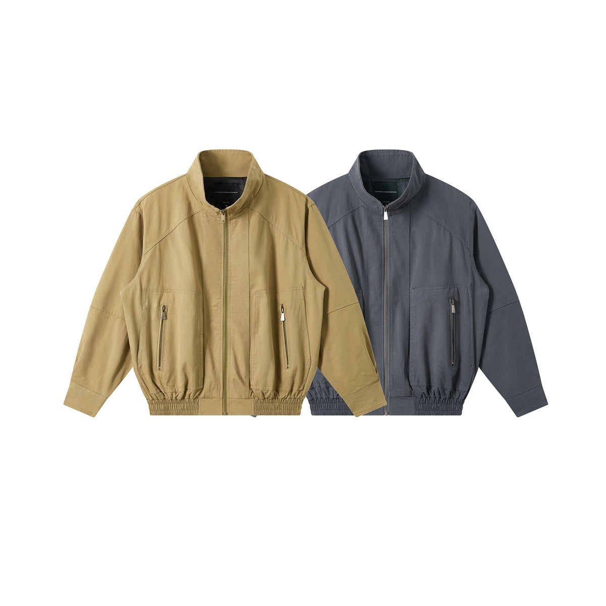 Front view of two zip-front jackets with stand collars and zip pockets, in tan and slate gray.