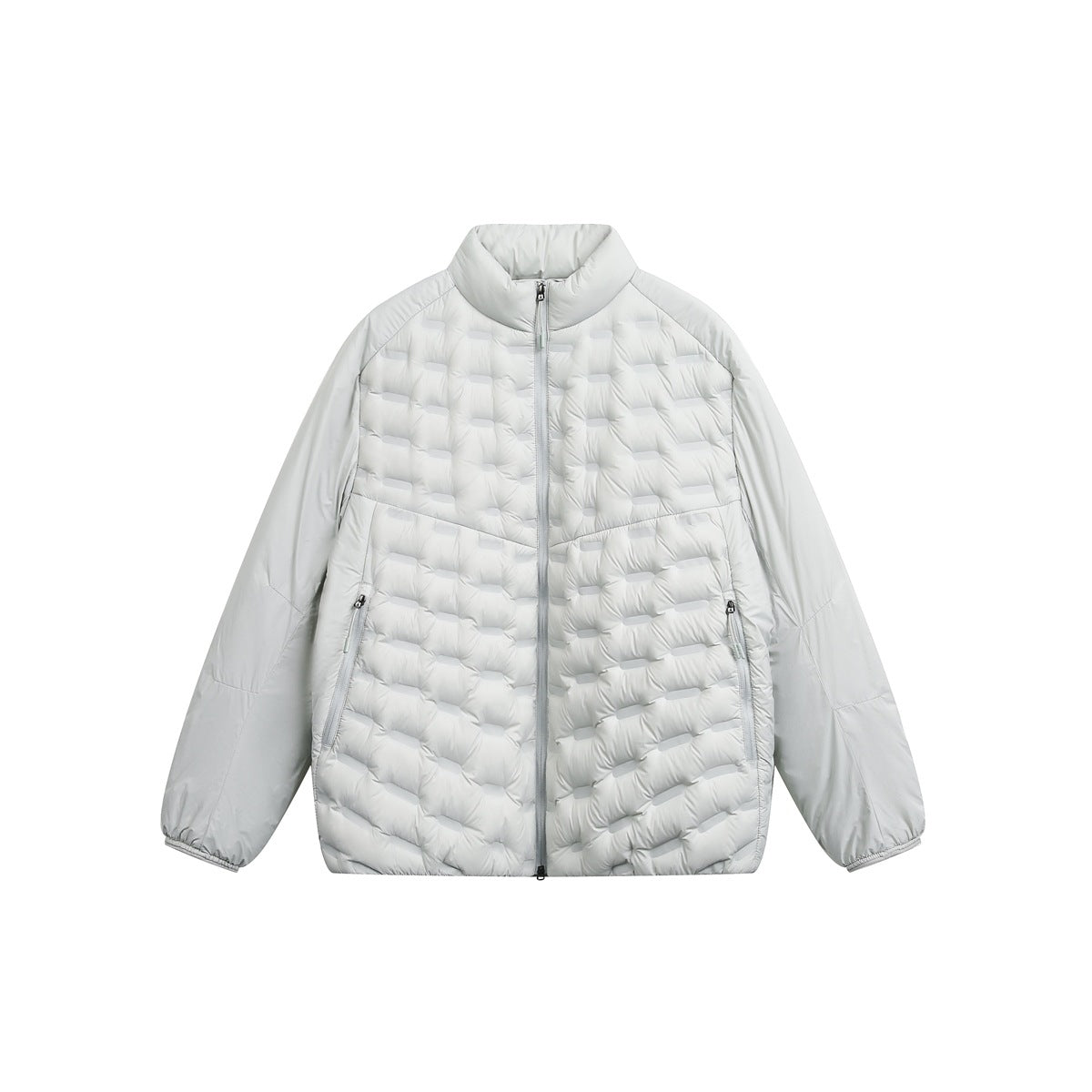 Light gray quilted stand-collar puffer jacket, front view, with center zipper and zippered pockets
