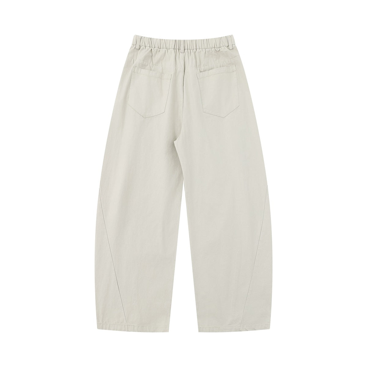Back view of light ivory wide-leg trousers with an elastic waistband and two rear patch pockets.