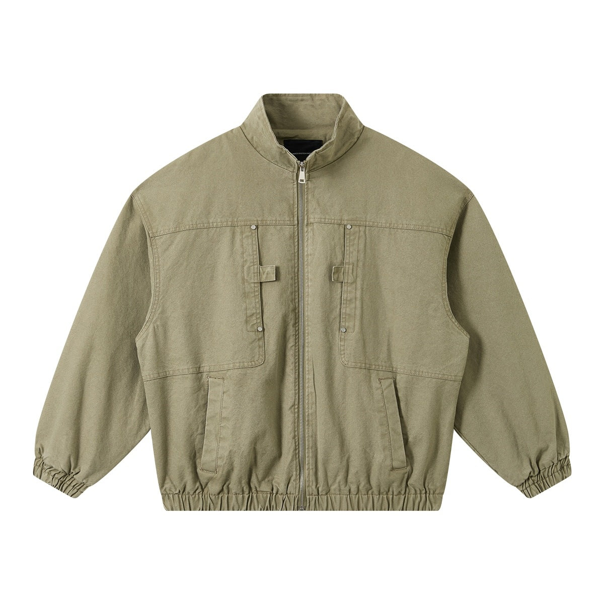 Light green stand-collar zip jacket with chest panels, front pockets and elastic cuffs and hem, flat front view