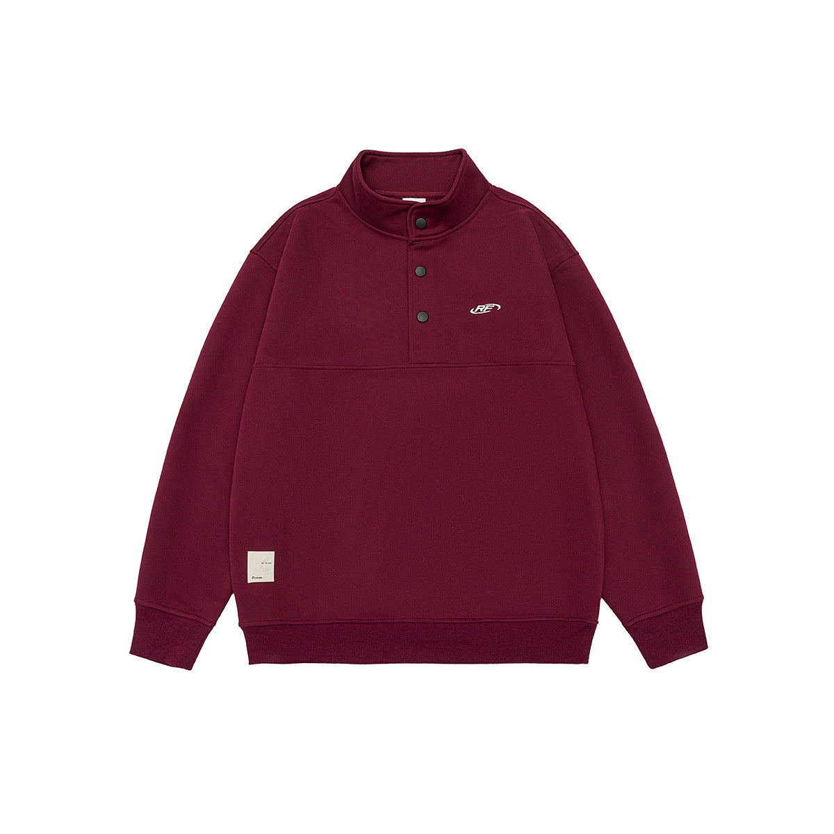 Burgundy stand-collar snap-placket sweatshirt with ribbed cuffs and hem and cream hem label, flat lay front view