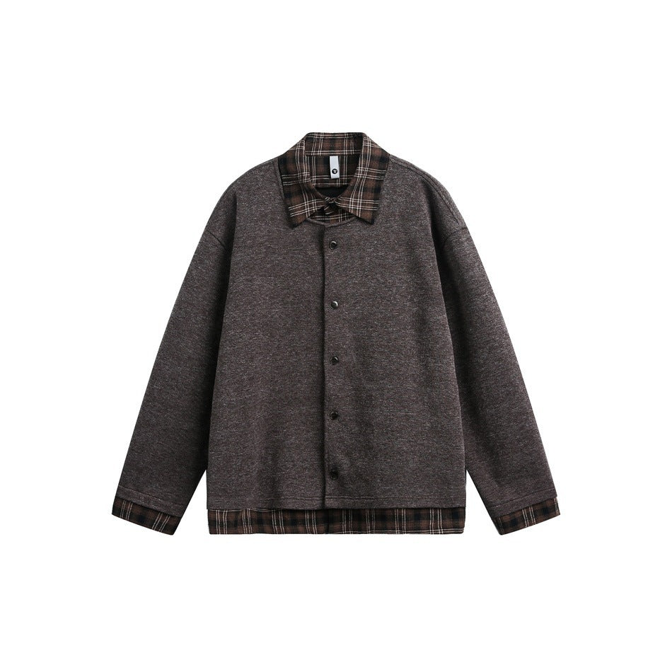 Brown heathered button-front jacket with plaid collar, cuffs and hem, flat front view