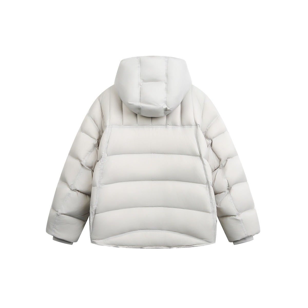 Light gray hooded puffer jacket, back view, with quilted panels and exterior seam stitching