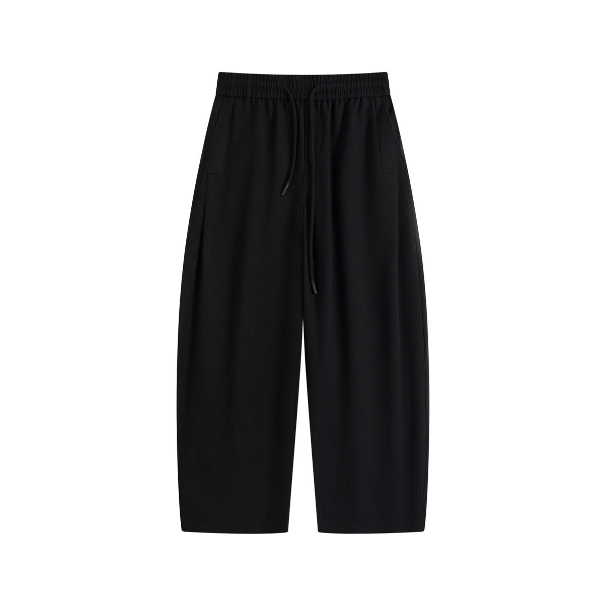 Black wide-leg drawstring pants with elastic waistband and side pockets, flat front view