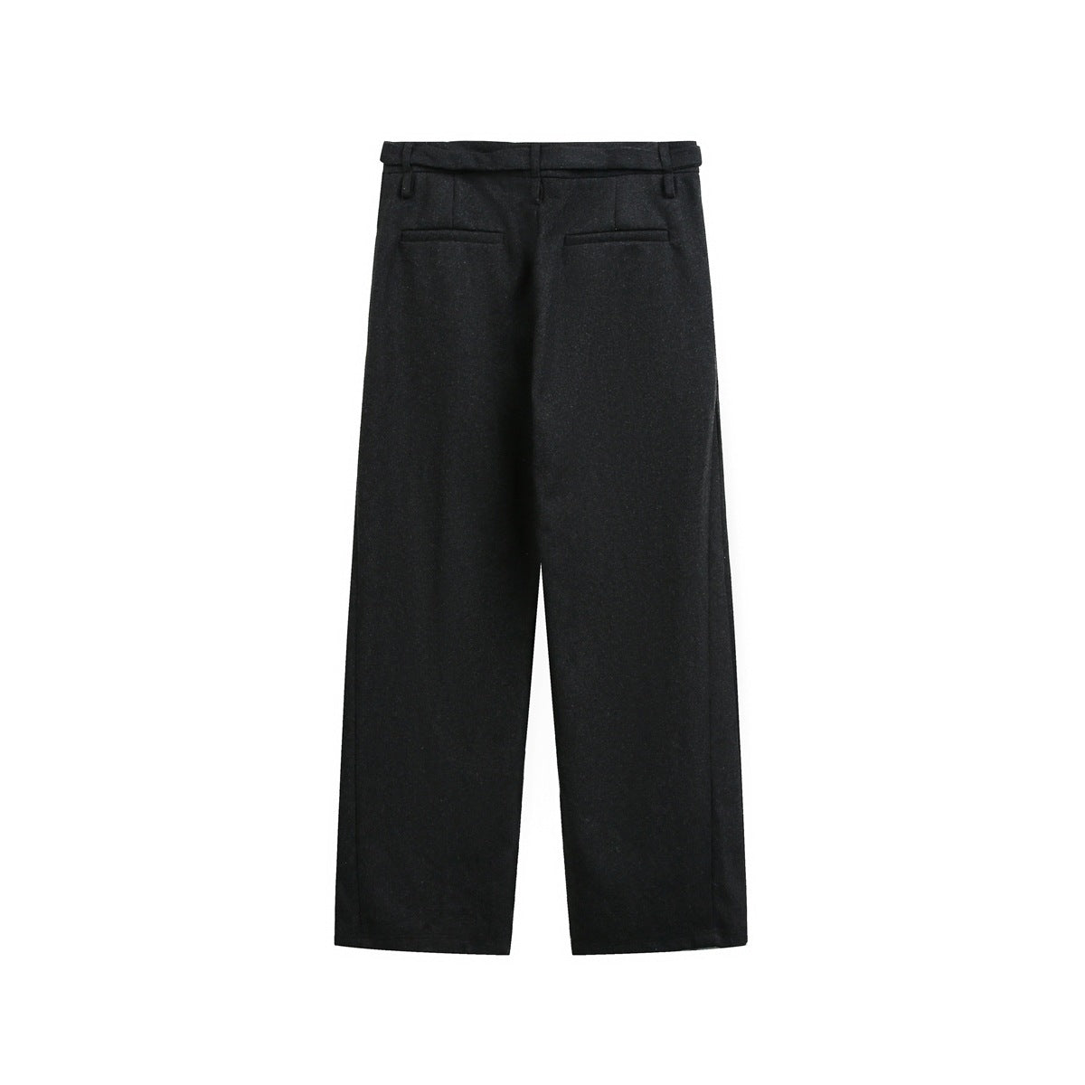 Back view of charcoal wide-leg trousers with belt loops and two welt pockets.
