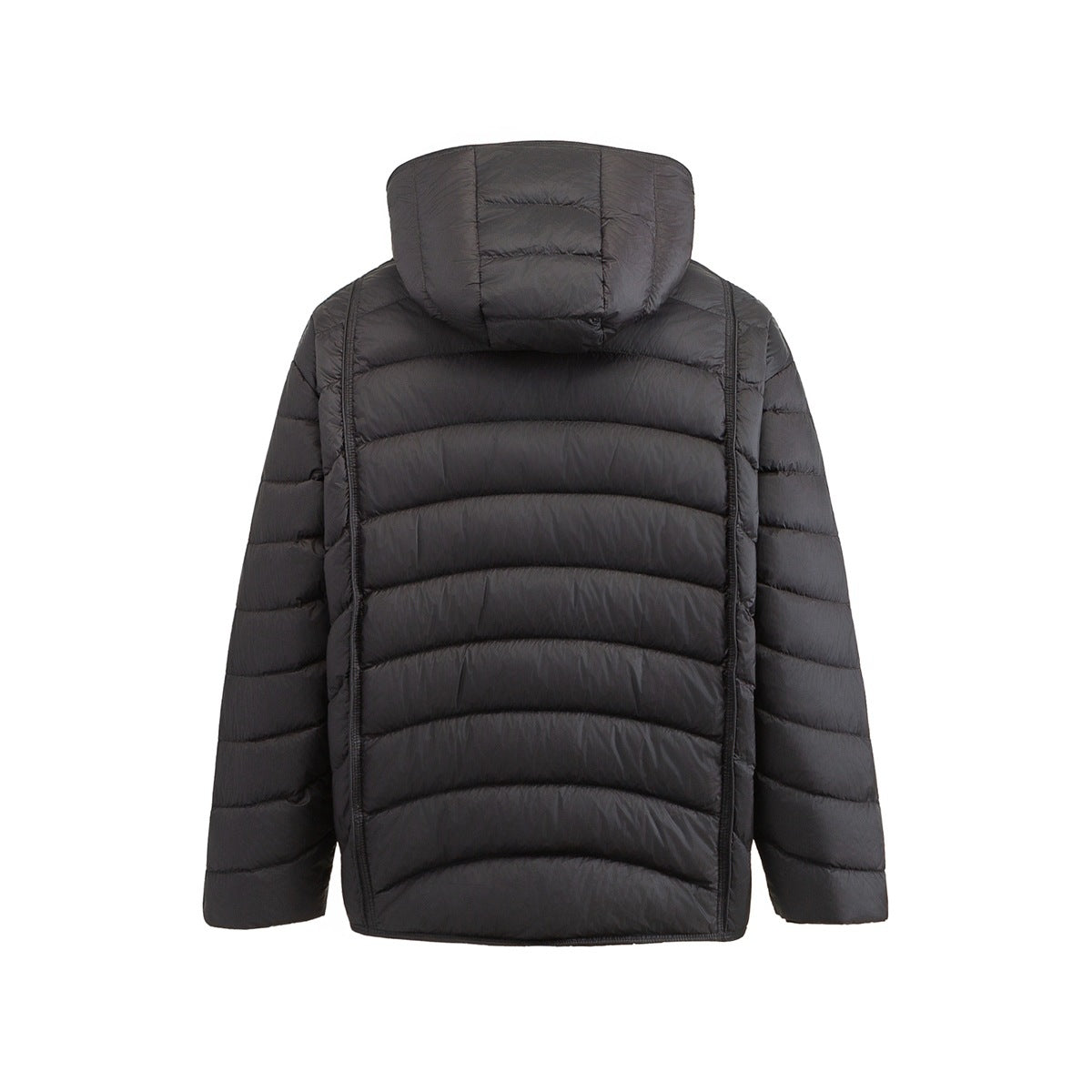 Rear view of a black hooded quilted jacket with horizontal baffles and long sleeves.