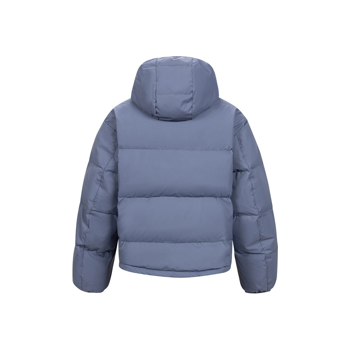 Back view of blue-purple hooded puffer-style jacket with horizontal quilting and a quilted hood