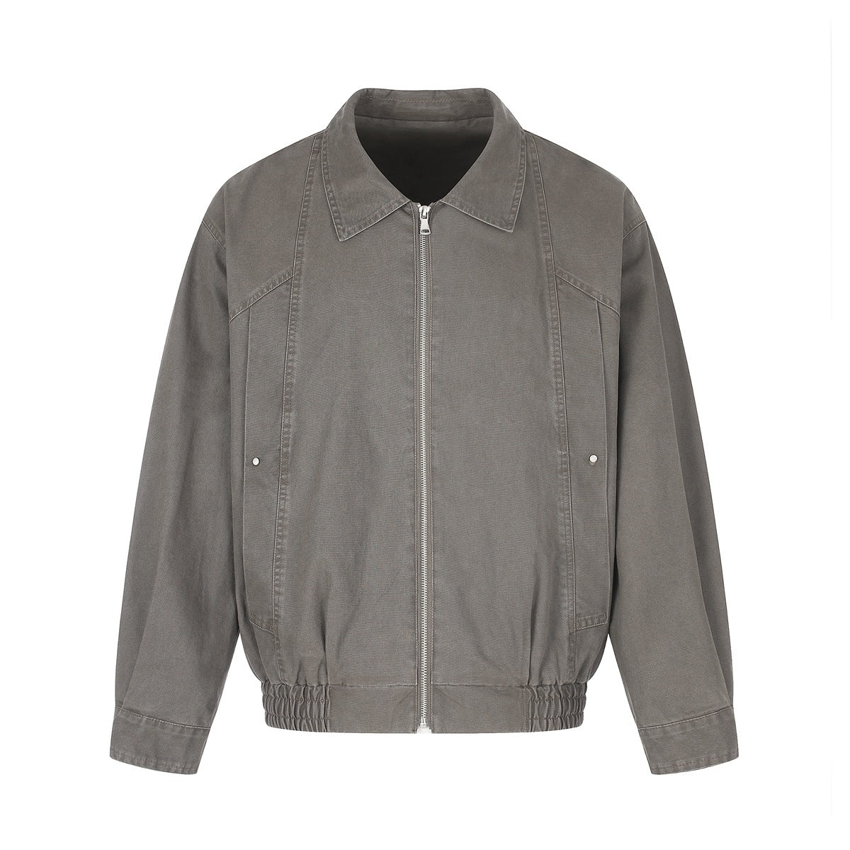 Washed gray-green zip-front jacket with pointed collar, side studs and elastic hem, flat front view