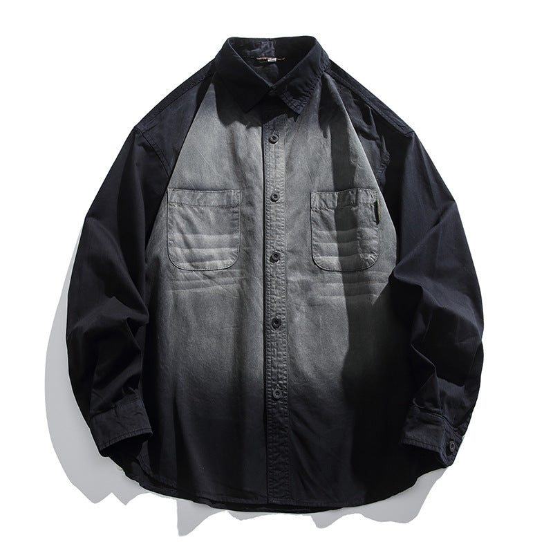Black-gray long-sleeve work shirt with faded gray gradient body, dark sleeves, two chest pockets and button front