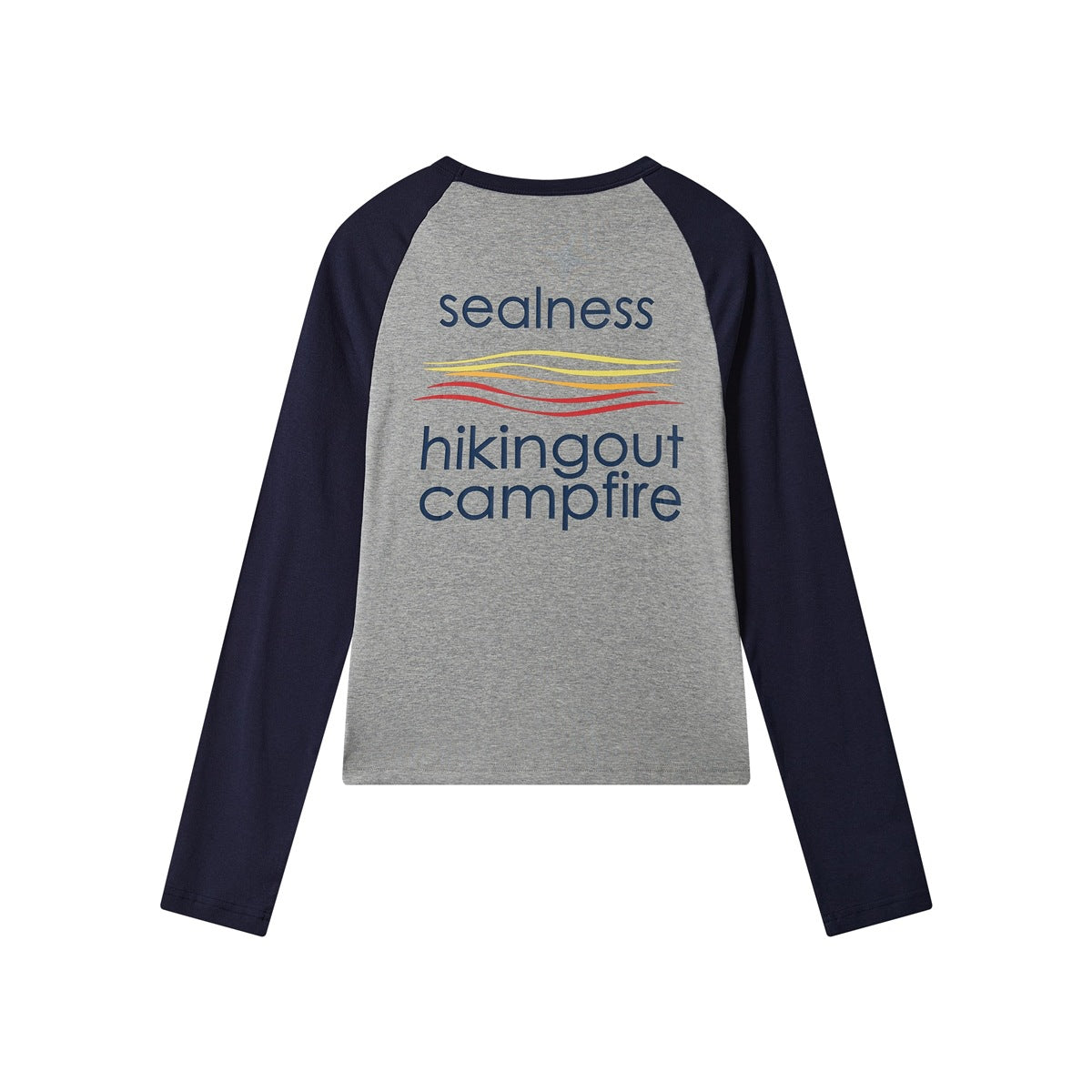 Back of a gray raglan long-sleeve shirt with navy sleeves and a colorful outdoor-themed text graphic.