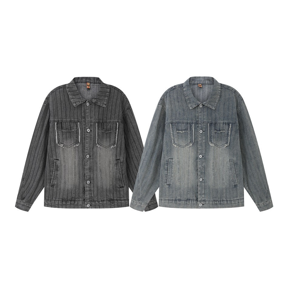 Two front views of the same denim jacket in charcoal gray and blue-gray, with button fronts and chest pockets.
