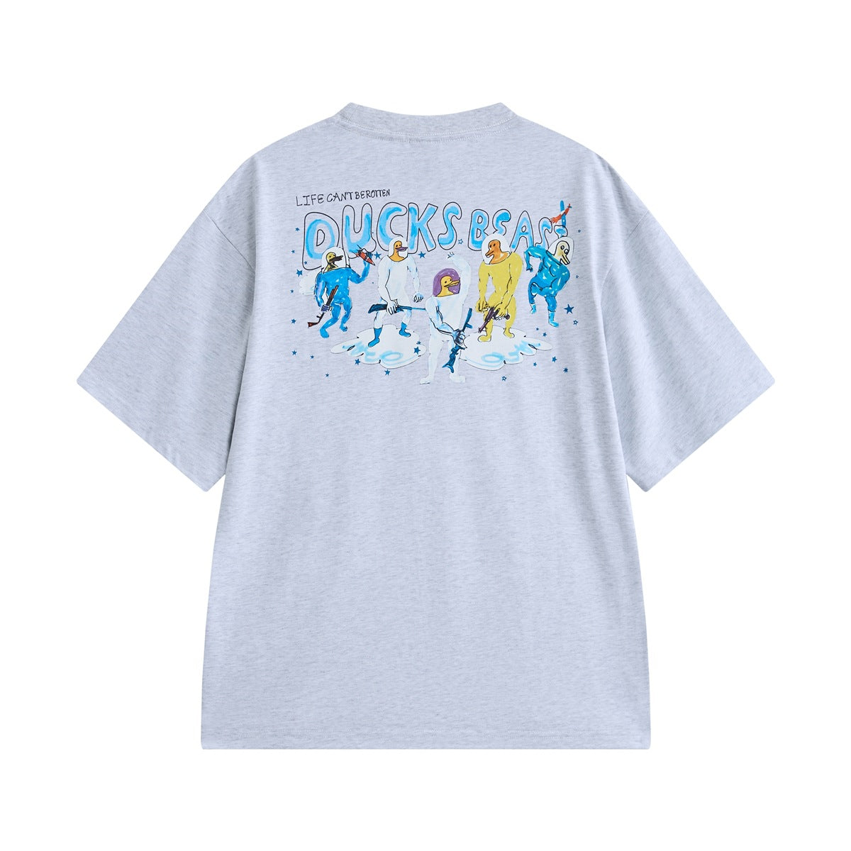 Heather gray short-sleeve T-shirt back view with colorful duck astronaut graphic and blue bubble lettering