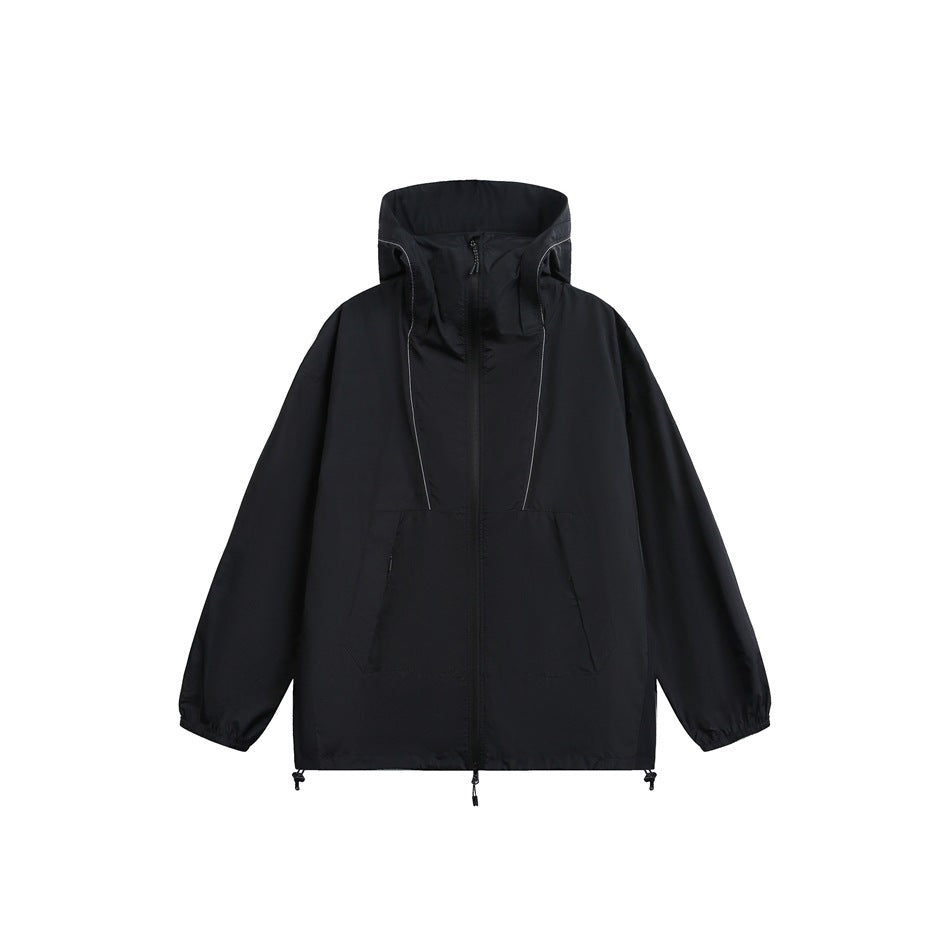 Black hooded zip-up jacket with reflective-looking piping, front pockets and hem drawcords, flat front view