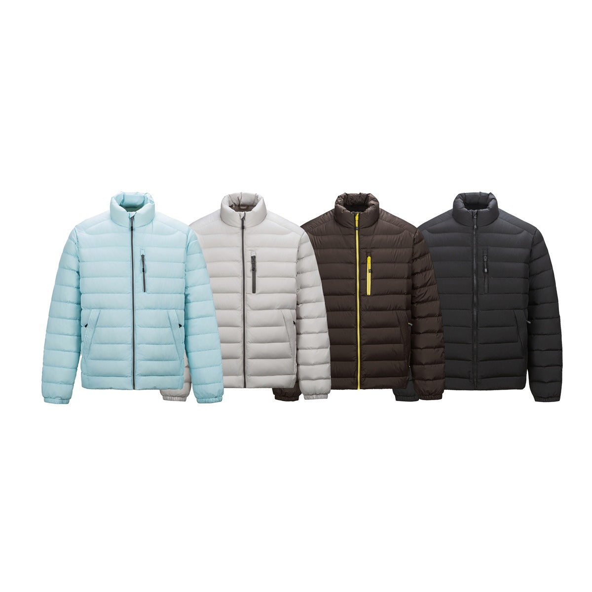 Four front views of quilted stand-collar jackets in pale blue, off-white, dark brown, and black.