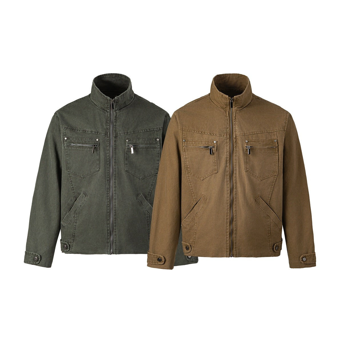 Front view of two zip-front jackets in dark olive and brown, with stand collars and zip chest pockets.