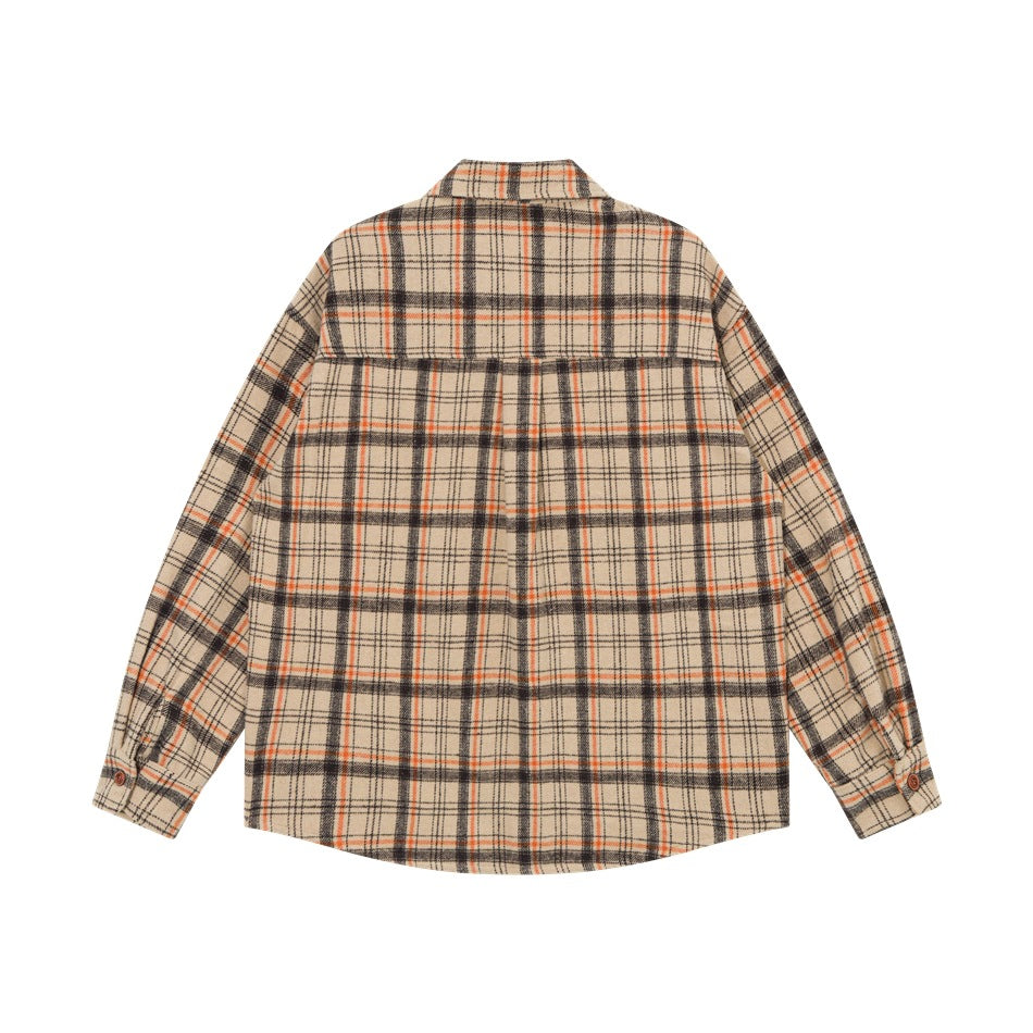Back view of a beige plaid long-sleeve shirt with black and orange lines and a horizontal shoulder yoke.