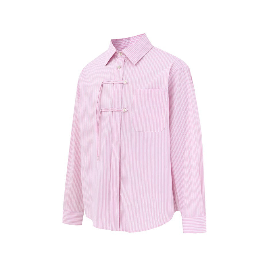 Front view of a pink-and-white striped long-sleeve button-up shirt with a chest pocket and buttoned front tabs.