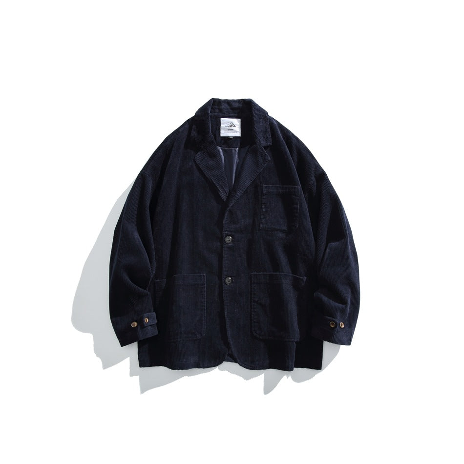 Navy corduroy blazer-style jacket flat lay with notch lapels, two buttons and patch pockets