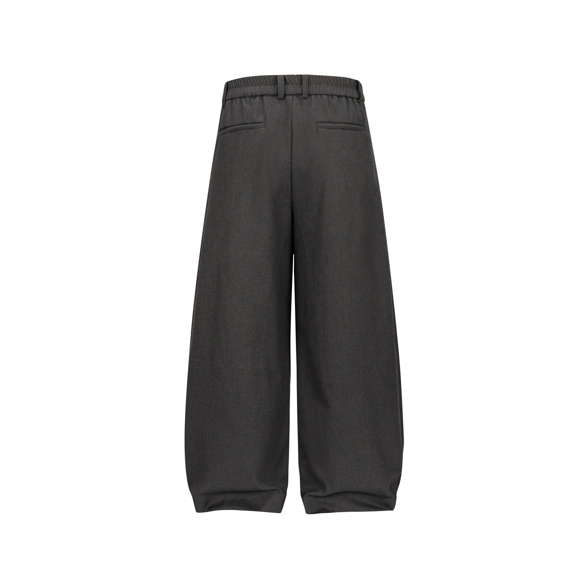 Rear view of charcoal gray wide-leg trousers with belt loops and two welt pockets.
